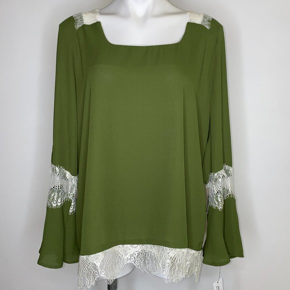 NY Collection Tops - NY Collection Green White Lace Detail Blouse Top